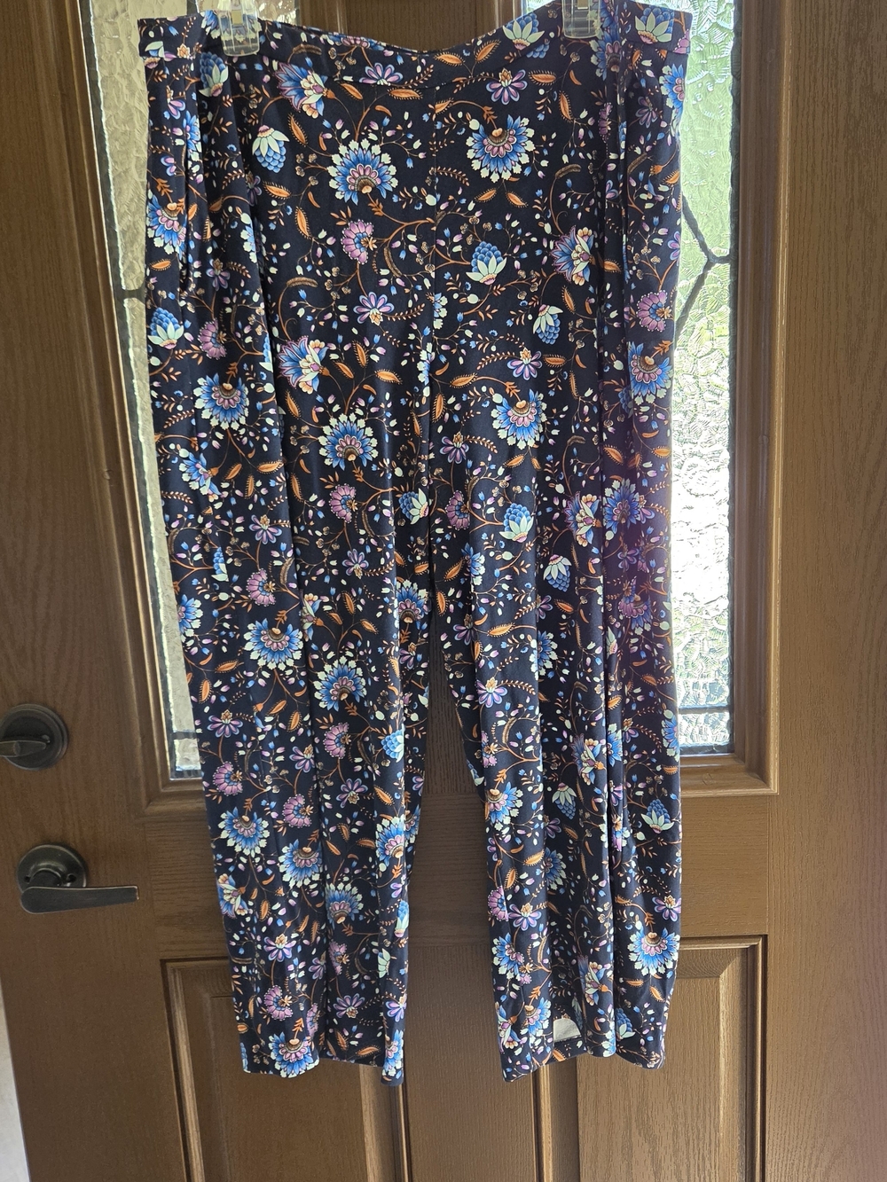 Dark Navy Floral Wide-Leg Pants with Blue & Pink Blooms